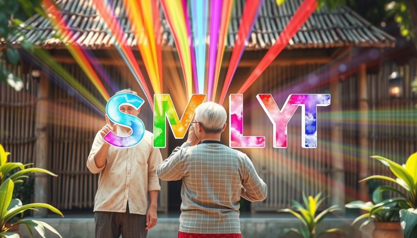 Watercolor style: Three generations of a Vietnamese family stand side by side in front of a simple bamboo hut, gazing at an unseen screen. Streams of colorful light emerge from their fingertips, intertwining to create a vibrant "SMLYT" in the air. The letters are rendered in a 3D watercolor effect, with each character seemingly composed of translucent layers of paint that blend and swirl together. Light appears to refract through the letters, casting rainbow-like reflections on the surrounding foliage and characters. - Image