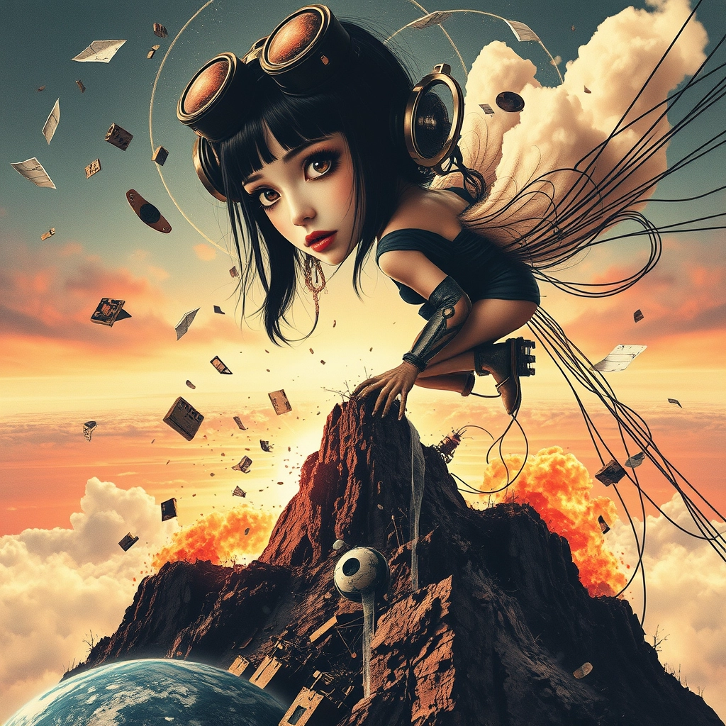 Niji beauty Fashionista girl double exposure broken and falling into pieces and debris over earth, perspective pop rock fluo collage scifi steampunk machinery extra dust particle cloud octane render and paper art ink art Melies, Jules Vernes, big eyes creature from hell, burning mountain, sad human climbing the sky, wires and cables. - Image