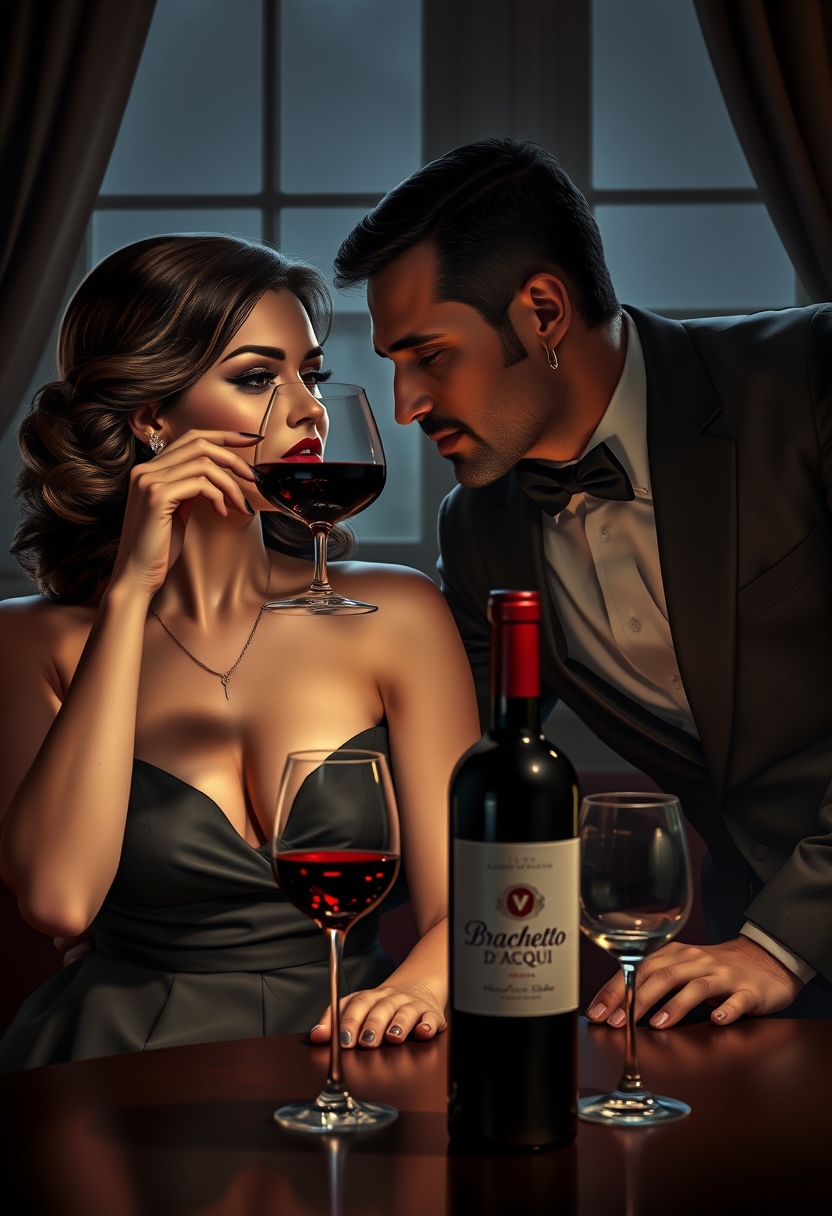 Photorealistic style  
A beautiful woman, elegantly dressed, drinks red wine from a stemmed glass.  
A dimly lit room  
On a table in front of her, a bottle of red wine with the label "Brachetto d'Acqui" written on it.  
An elegant man leaning towards her whispers in her ear.  
A window behind them. - Image