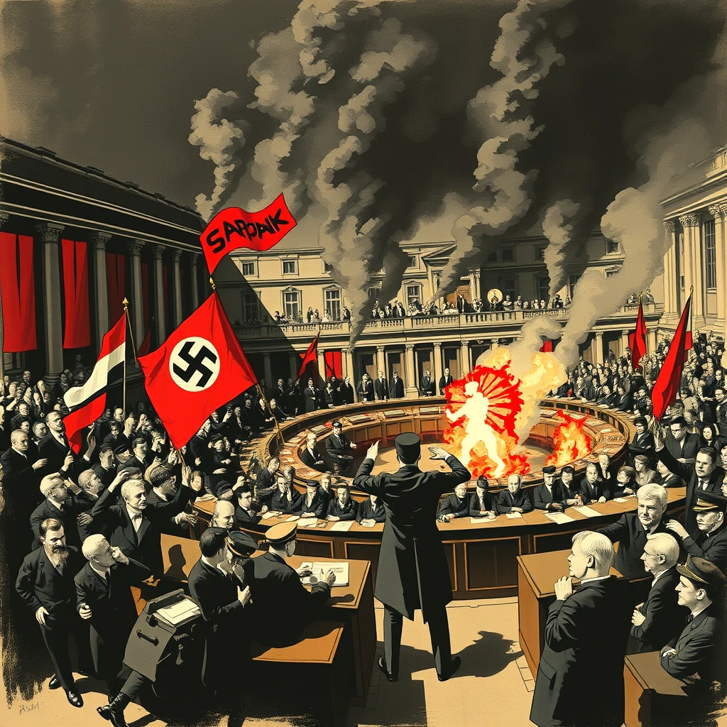 "Depict the political instability in Germany during the Weimar Republic, with sharp divisions between the left and right. Show the rise of extremist groups gaining influence as the political center weakens. The parliament should appear dysfunctional, with constant government changes, symbolizing its inability to govern effectively. The image should also convey the growing disillusionment among the people, as they lose faith in democracy amidst the chaos and power struggles."