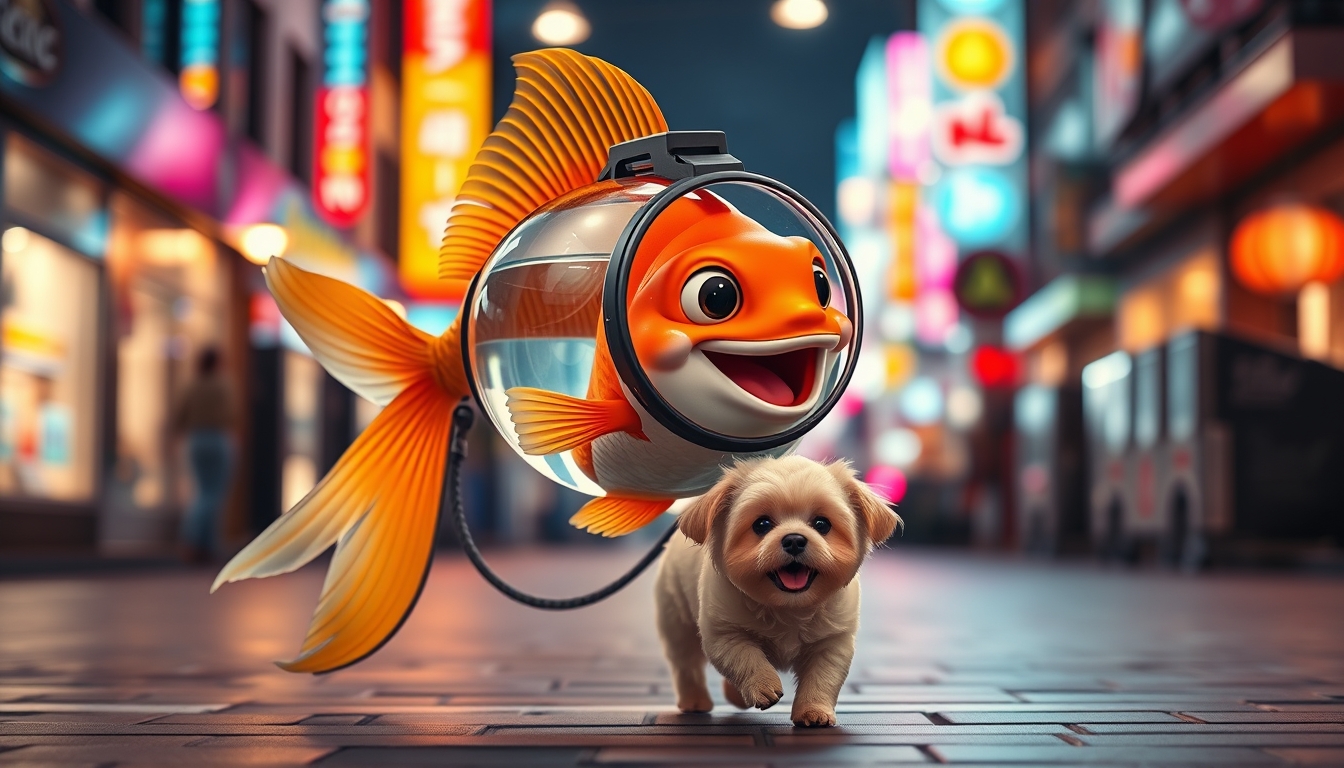 A cute happy goldfish wearing a fish bowl as a breathing mask (half filled with water) is walking a cute dog on a leash in the streets at night, colorful city lights, happily laughing, mouth open, cute face, walking on fins (no legs), fluffy dog in front, silly walk, ultra realistic, realism. - Image