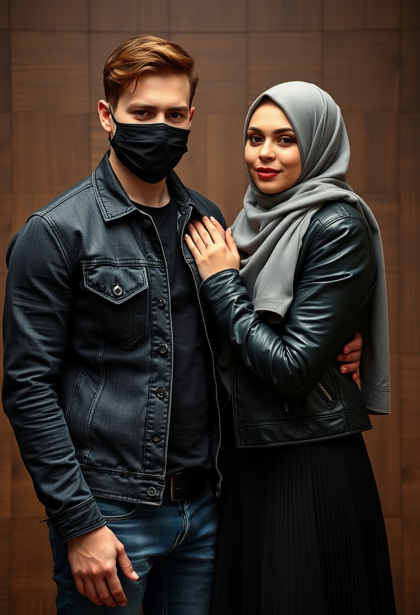 Jamie Dornan's head and body shot, handsome, face mask black, jeans jacket, jeans, dating, love couple, hug, with the biggest grey hijab Muslim girl, beautiful eyes, face mask black, black leather jacket, biggest skirt, hyper realistic, studio photography, wooden wall. - Image