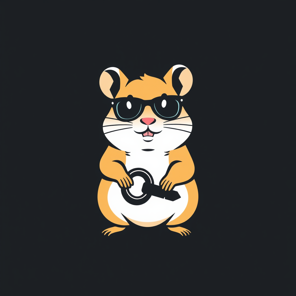 Minimalistic vector art logo of a hamster wearing dark glasses and holding a key in its hand, set against a dark background, featuring bold lines, simple shapes, and a strong silhouette.