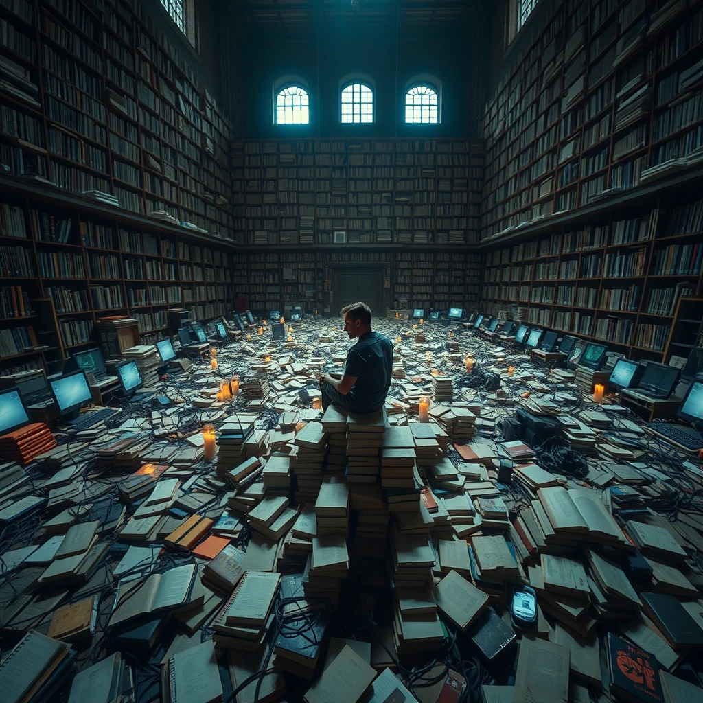 A real-life photograph, wide shot, of a person sitting on a pile of books in the corner of a large hall, where many books are scattered messily, with wires lying haphazardly and numerous computer screens. The lighting is dim, with some candles lit. The person is in one corner of the hall.