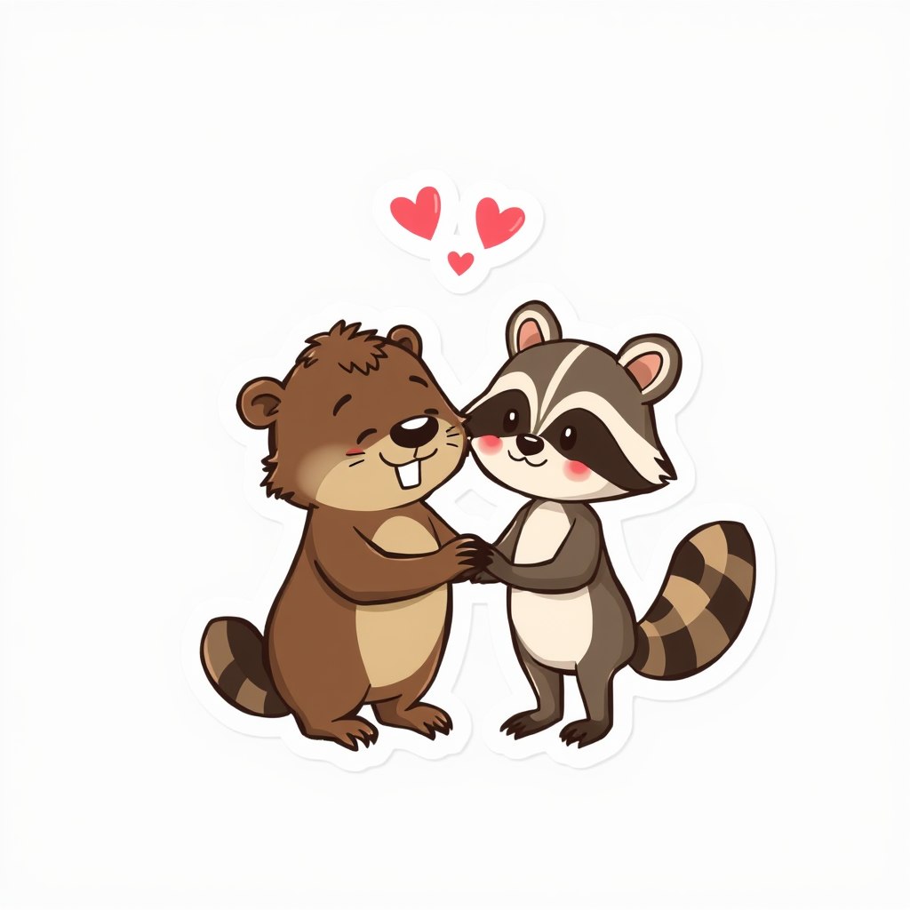 Cartoon guy beaver and girl raccoon in love. Sticker style.