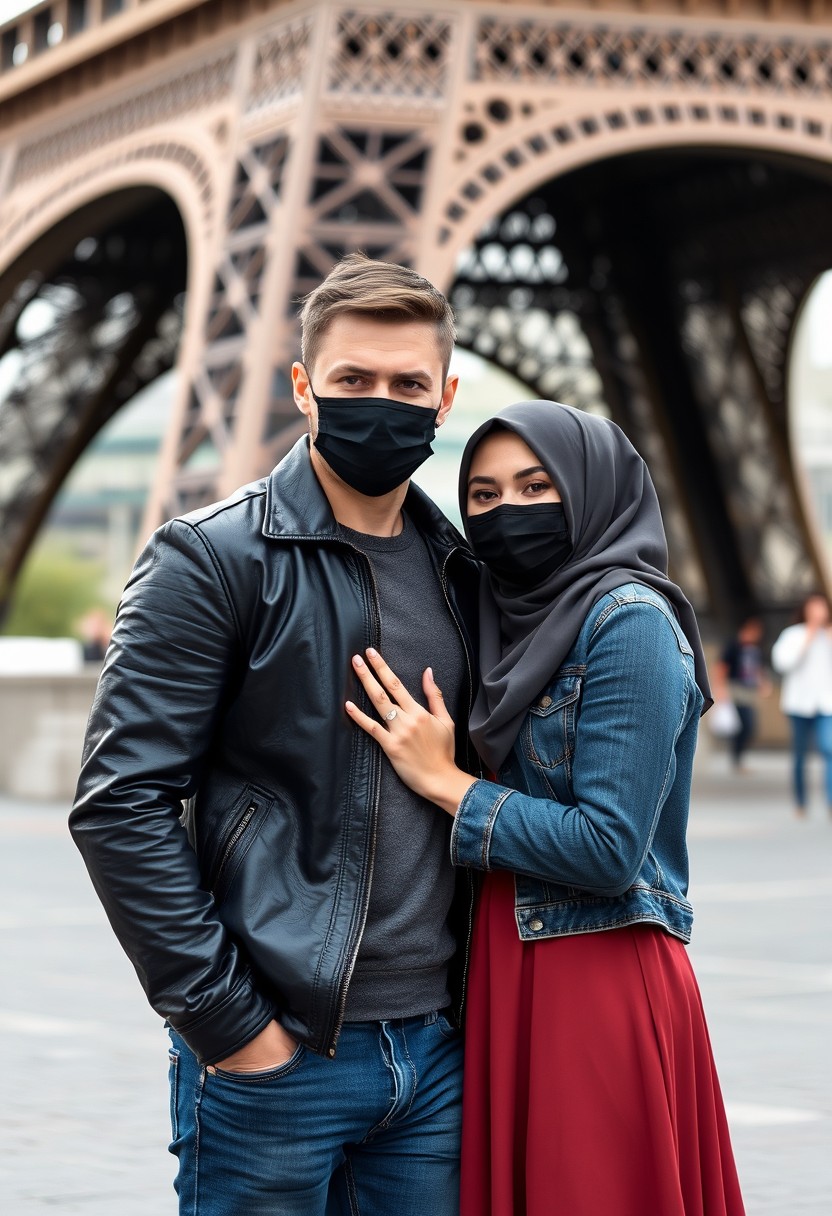 Jamie Dornan, handsome, black face mask, black leather jacket, jeans, dating, love couple with the biggest hijab Muslim girl, beautiful eyes, black face mask, jean jacket, biggest skirt, wedding rings, Eiffel Tower, realistic, street photography.