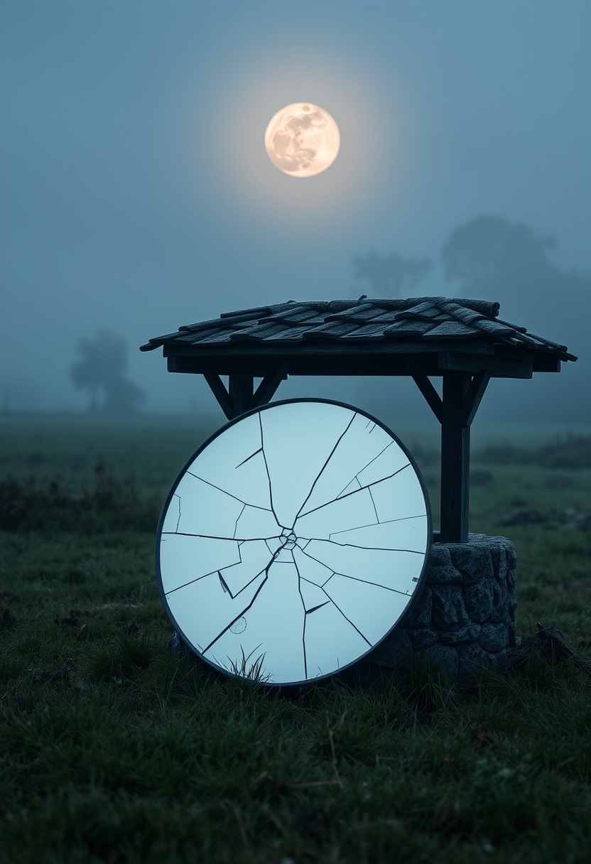 A cracked mirror propped against an old well in a misty meadow, reflecting the eerie, pale glow of the full moon. - Image