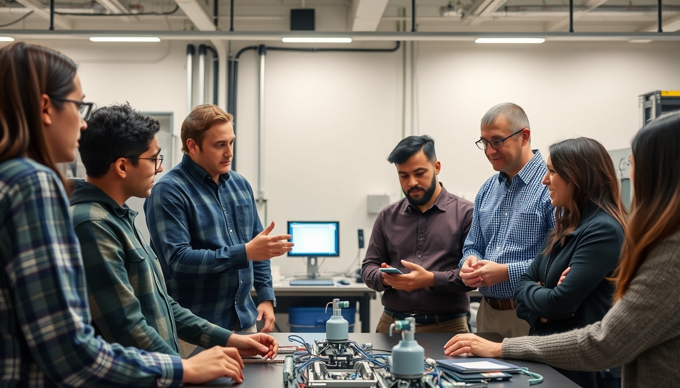 Group of diverse engineers discussing a breakthrough AI project in a high-tech lab.