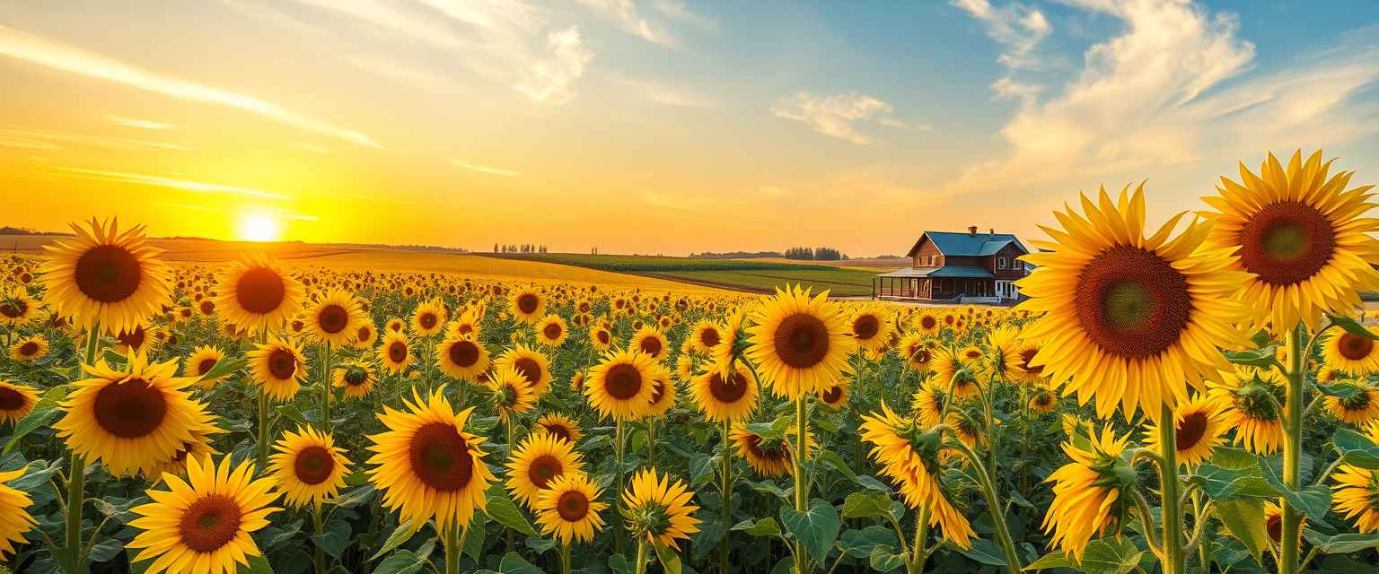 Vibrant, sunflower fields, golden blooms, high quality, photorealistic, summer, cheerful, idyllic, rural, panoramic, breathtaking, rural farmhouses, blue skies, windblown fields, sunset, floral arrangements.