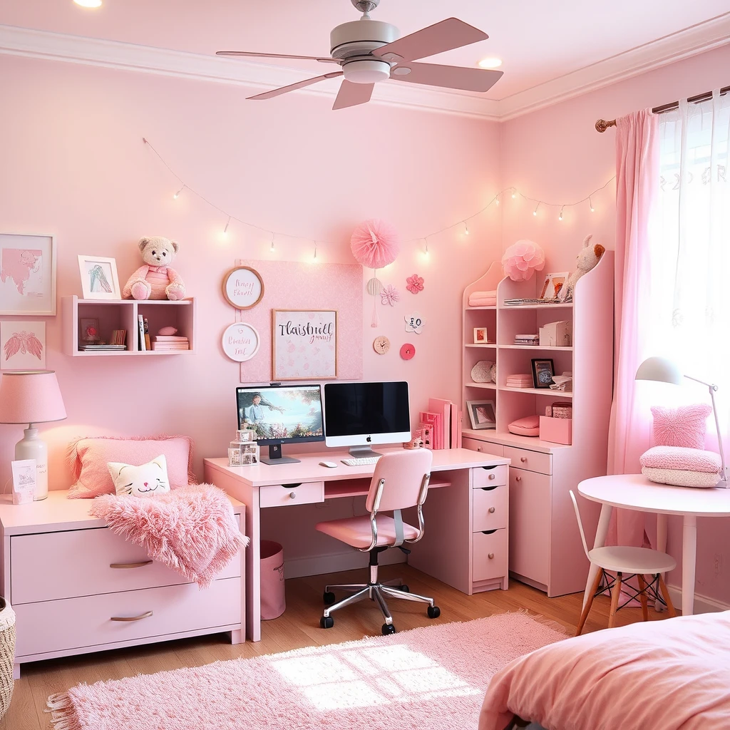 Make a girl's room warm and cozy, with light pink furniture and decorations, a computer, mobile phone, pillows, tables, and chairs. - Image