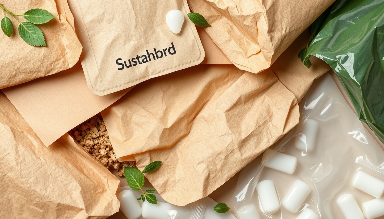 A detailed close-up of sustainable packaging materials, including cardboard, paper, and biodegradable plastics, arranged aesthetically on a neutral background.