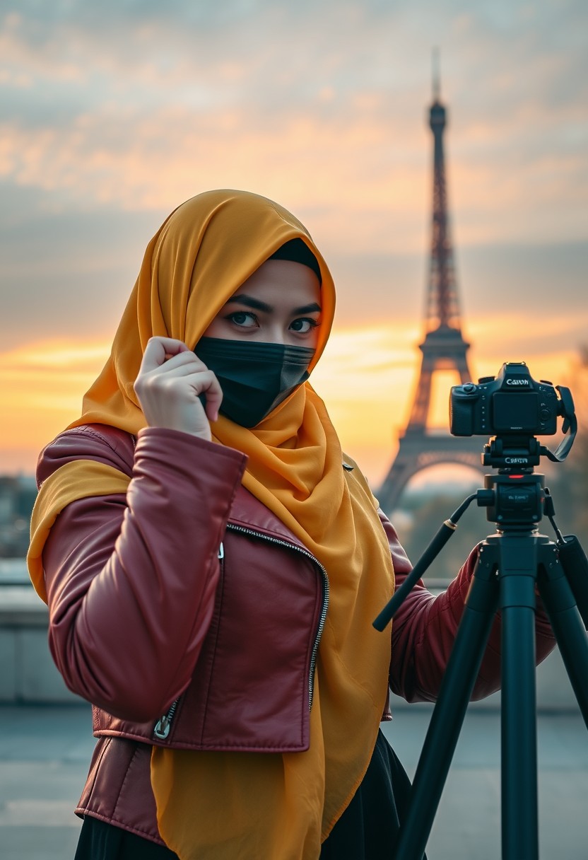 Biggest hijab yellow Muslim girl, beautiful eyes, face mask black, red leather jacket, black biggest skirt, camera DSLR CANON, tripod, taking photo Eiffel Tower, sunrise, morning scenery, Eiffel Tower, hyper-realistic, street photography.