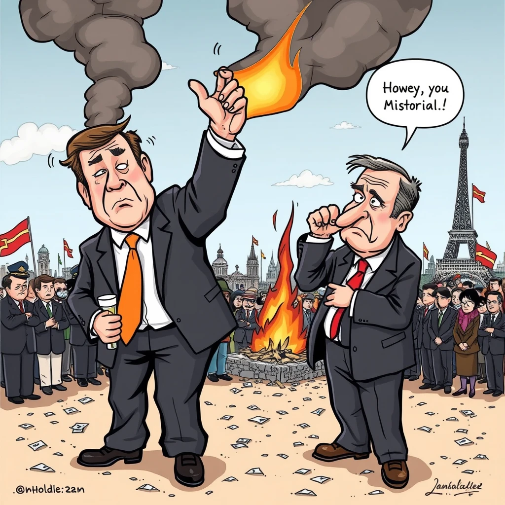 "Create a political cartoon that satirizes the incompetence and mistakes of politicians in dealing with society's various problems. Show politicians as clueless or indifferent, perhaps fiddling or engaging in trivial activities while the world around them burns or crumbles. Illustrate the growing issues like economic crisis, social unrest, and rising extremism being ignored or mishandled by these leaders. The cartoon should convey a sense of frustration with the political leadership's failure to address critical issues." - Image