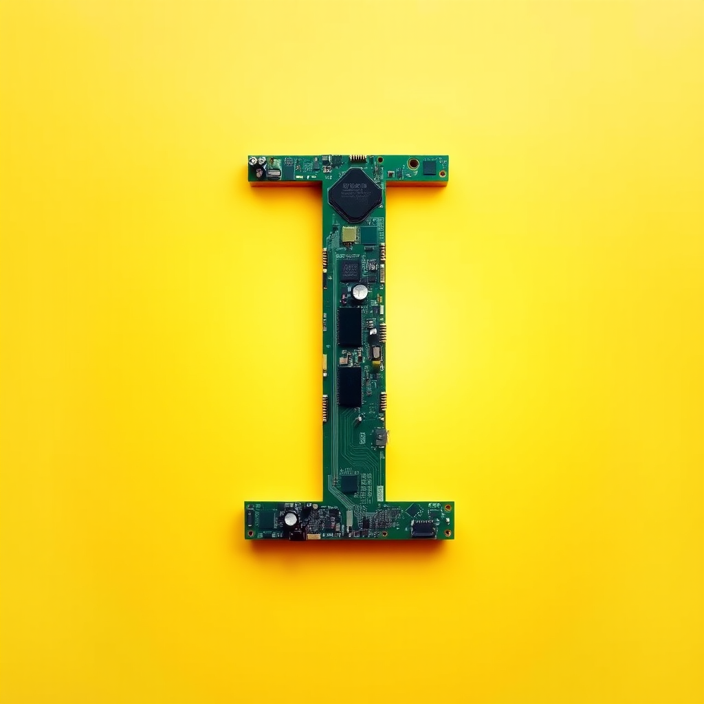 A letter "I" made of a computer motherboard, yellow background, realistic photograph. - Image