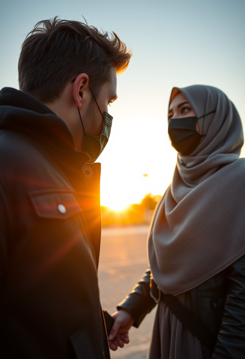 Jamie Dornan's head and body shot, handsome, face mask black, jeans jacket, jeans, dating, love couple, with the biggest grey hijab Muslim girl, face mask black, beautiful eyes, black leather jacket, biggest skirt, taking picture, camera dslr canon, sunset, hyper realistic, street photography.