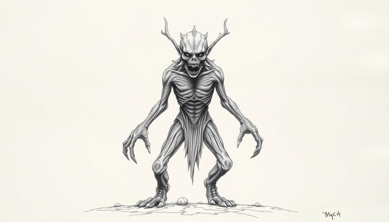 Horror Monster created by H.P. Lovecraft Drawing, full body, raw drawing - Image