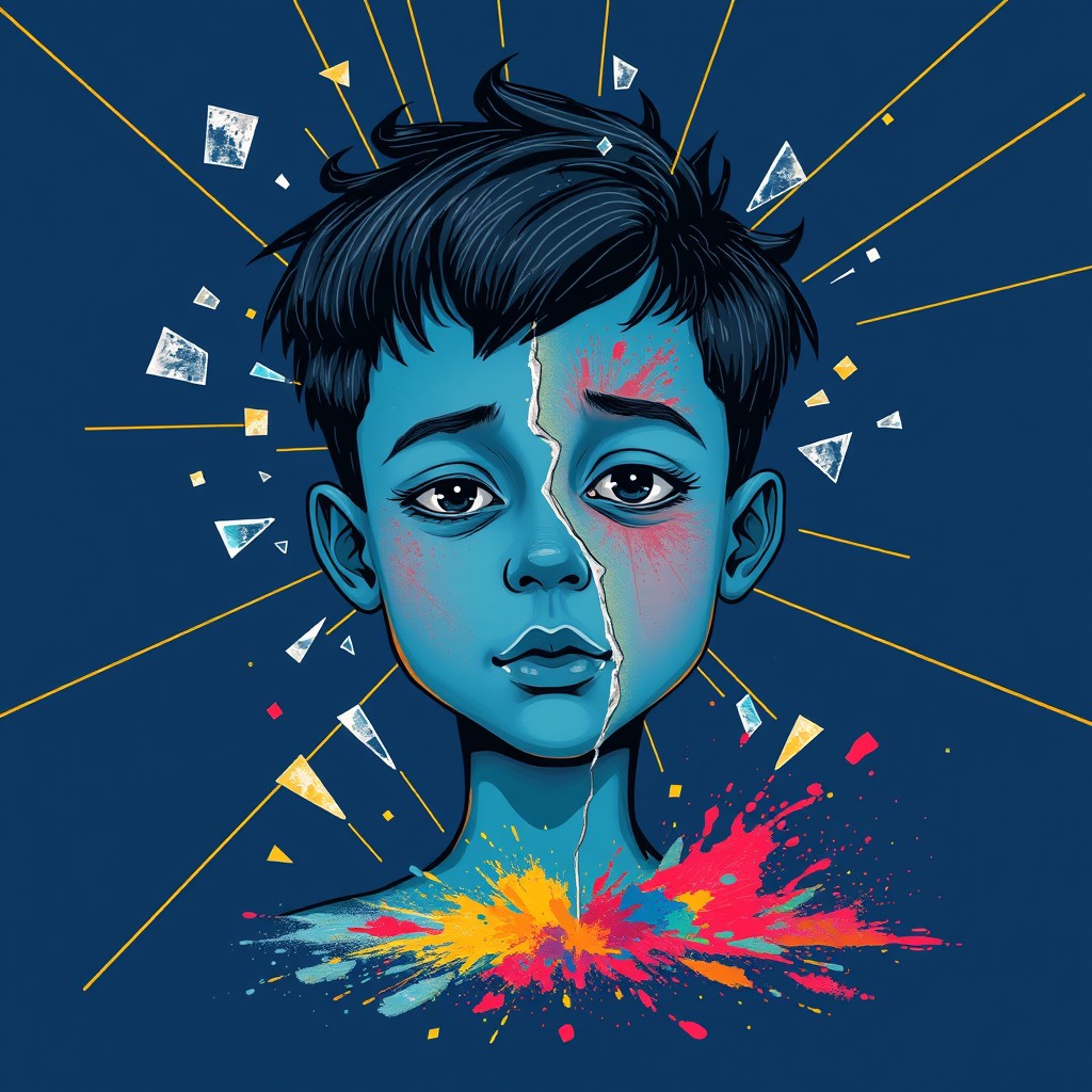 A boy with blue skin and an abstract broken face, surrounded by shattered glass and gold lines on a dark blue background, with a colorful explosion of spilled powder. Illustration style, Andy Warhol style, Picasso style.