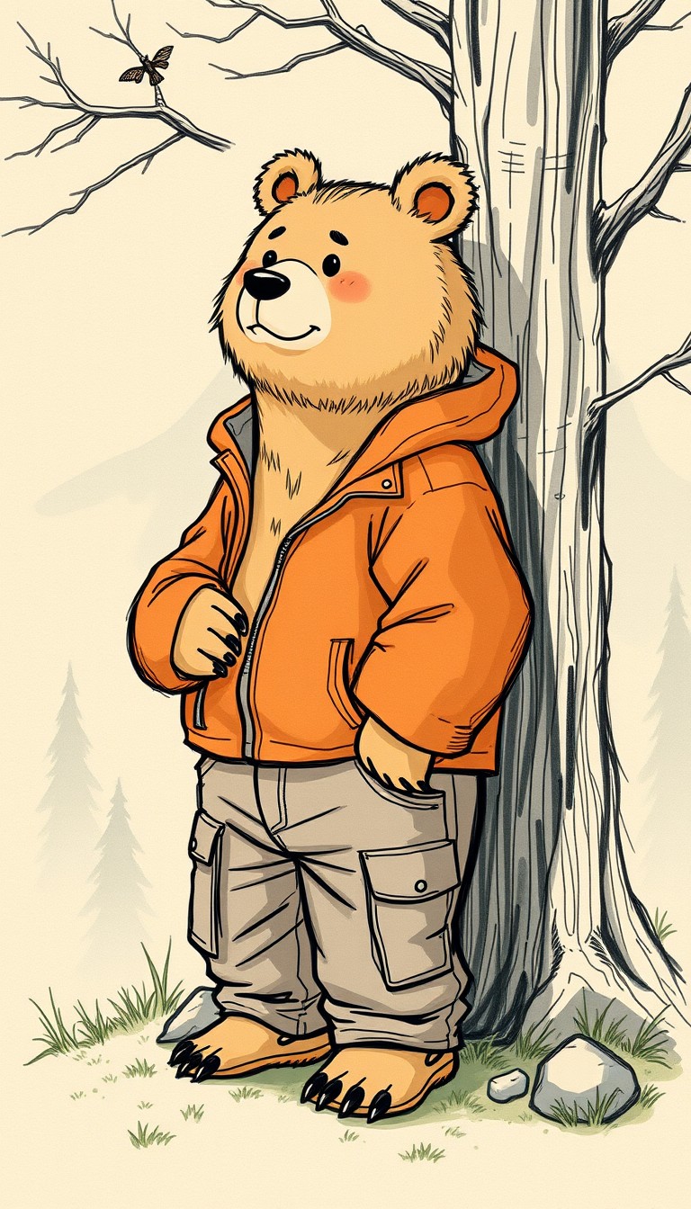 rough sketch, anthropomorphic bear, comfortably standing by the base of a magical tree. Wearing a pair of well-worn cargo pants and a cozy orange jacket. expression of quiet contemplation, with a gentle smile. face and body looking at a beautiful majestic landscape. Thick fat neck tufts, multiple fat folds, sharp, very detailed, high resolution. - Image