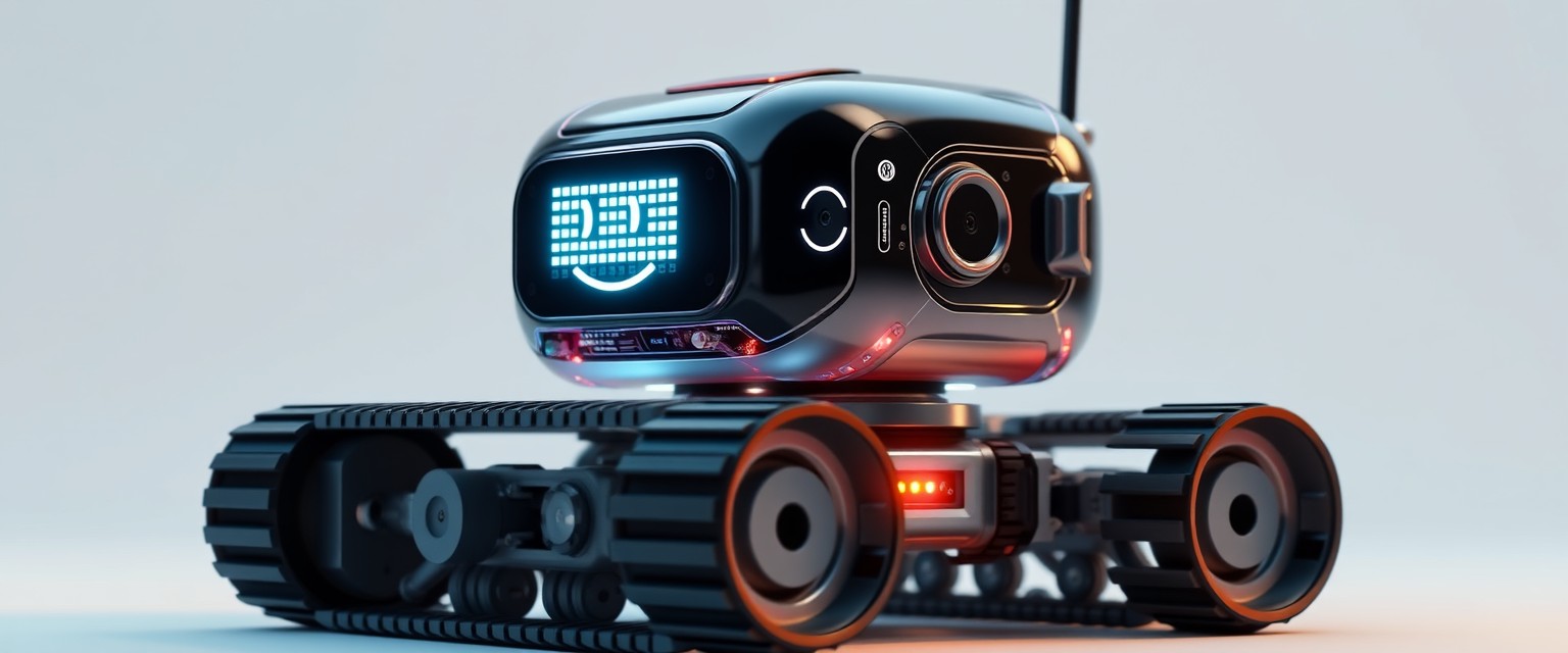 Cute aesthetic, a small and cute semi-transparent tracked robot with an LED screen face, emoticon, stunning Unreal Engine render, intricate details, simple background. - Image