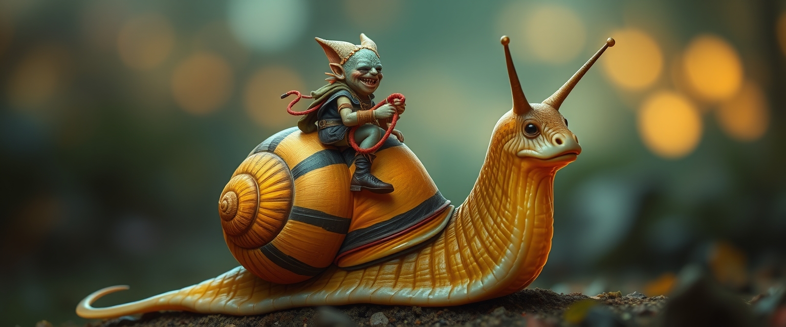 A tiny goblin jockey riding on the back of a giant snail, neon reins, the snail's shell is striped black and yellow, slime trail, neon bokeh, in the style of a fantasy painting.