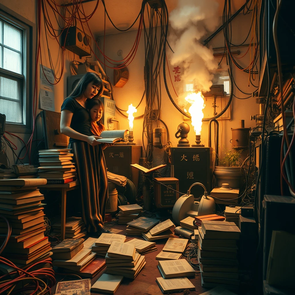 A real-life photograph, wide shot, of a tall strong woman and a girl reading books in the corner of a room. The room has some books scattered messily, and many wires of varying thicknesses are on the floor and in the air, including red, blue, yellow, and other colors. Additionally, there are some machines emitting steam and fire. The lighting is dim, and there are some plants. There are Chinese letters or Japanese letters.