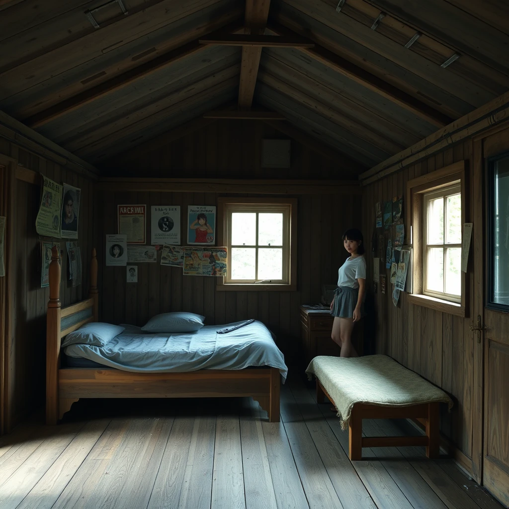 In a dilapidated wooden cabin, there is a bed, and one wall of the room has several posters on it, while there is a Japanese female student in a short skirt in the room. Note that the cabin is very large and has a window. - Image