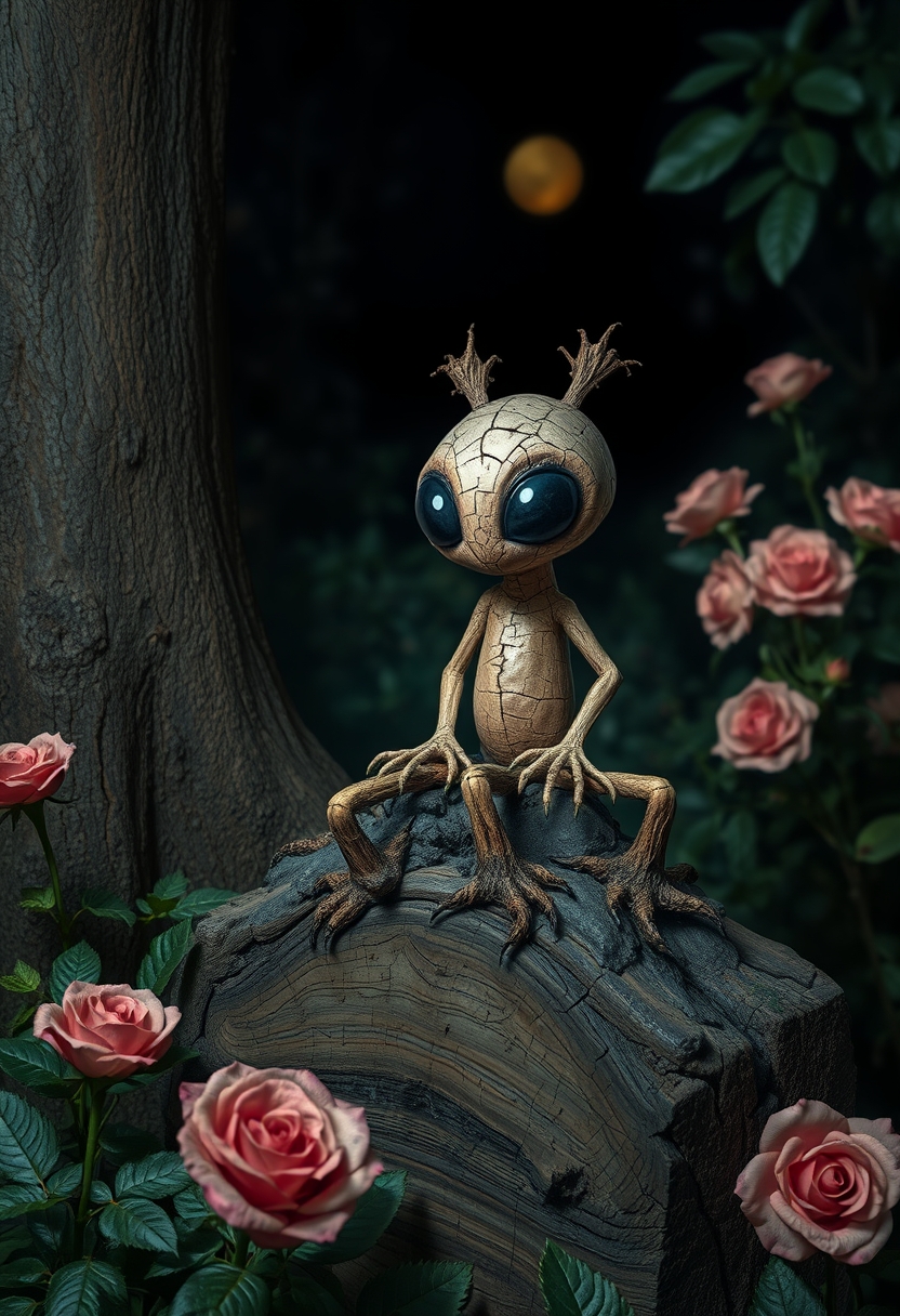 Little cute cracked wood alien void creature, charred, long wooden petals and mud, sitting on top of a log, lush garden, roses, lurking behind tree, ultra large black dot eyes, night scene, backlit, by [Alexander Archipienko, Wendell Castle, Picasso], fantasy art, abstract, surreal. - Image