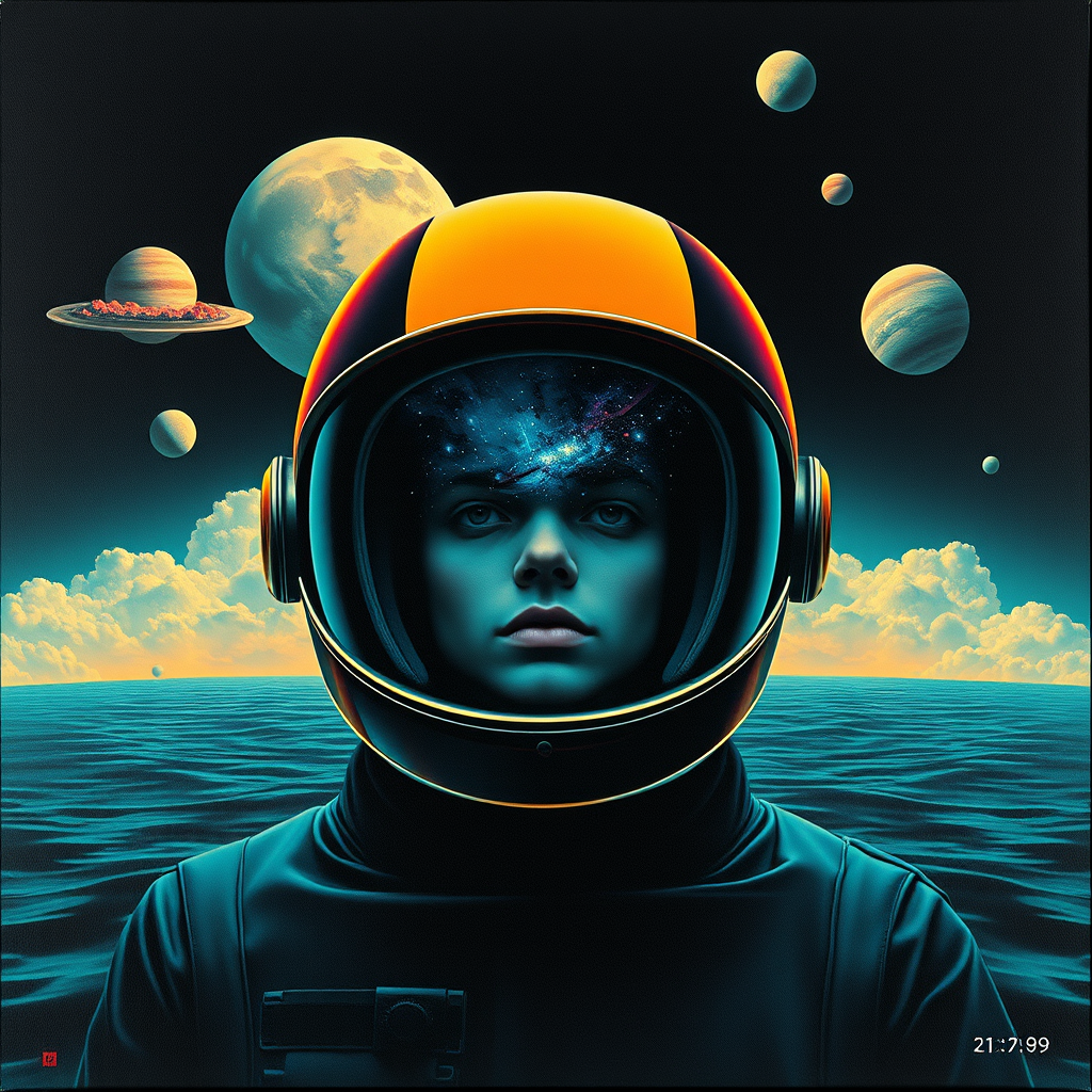 A space helmet with clouds and planets in the background, outrun color palette, colored album art, black canvas, dark teal, Daft Punk, astronaut in the ocean, sinister background, CD cover artwork, portrait of an astronaut, strange portrait with galaxy, 21:9, helmet. - Image