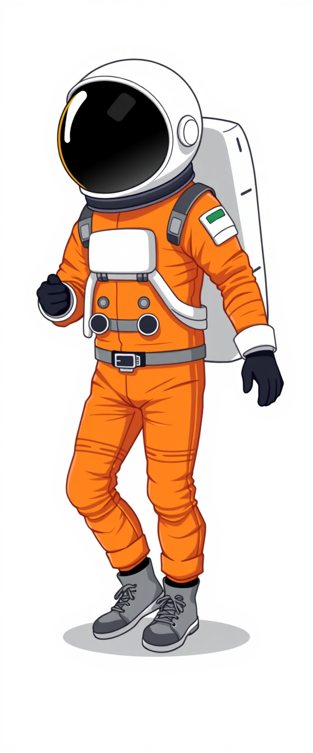 This is a vector illustration of an astronaut wearing an orange spacesuit. He is standing on a white background with some scattered white dots on it. The astronaut's helmet is white with a black visor. The suit is a bright orange, with white accents and a black belt. The astronaut's gloves are black, and he is wearing grey sneakers.