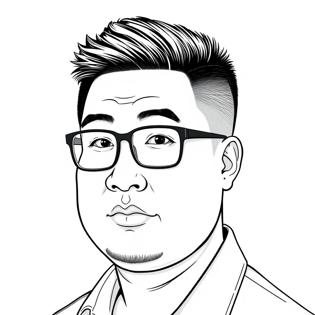 A cool black-and-white line drawing of a 35-year-old man’s head, with a crew cut, Asian descent, wearing black-framed glasses for nearsightedness, a slightly short beard on his chin, dressed in a shirt, with a full face, clean and fresh skin, and a slightly chubby physique.