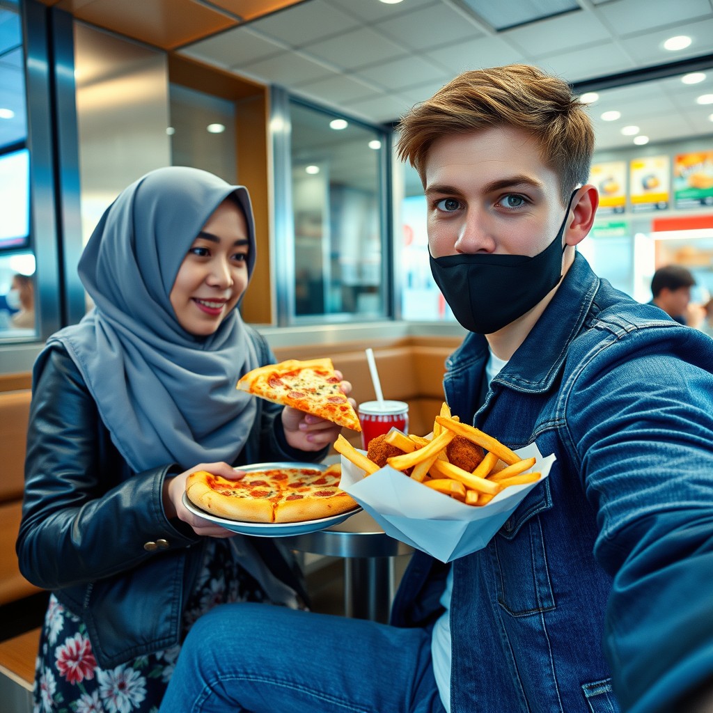 Jamie Dornan's head and body shot, handsome, young, black face mask, blue jeans jacket, jeans, dating love with a grey hijab Muslim girl, beautiful eyes, black face mask, black leather jacket, biggest floral skirt, at a fast food restaurant, slice of cheese pizza, plate of Korean fried chicken and fries, glass of soft drink, photorealistic, hyper realistic, street photography, selfie. - Image