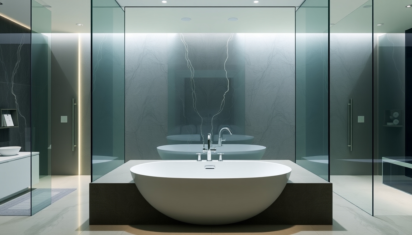 A sleek modern bathroom with glass walls and a luxurious soaking tub.