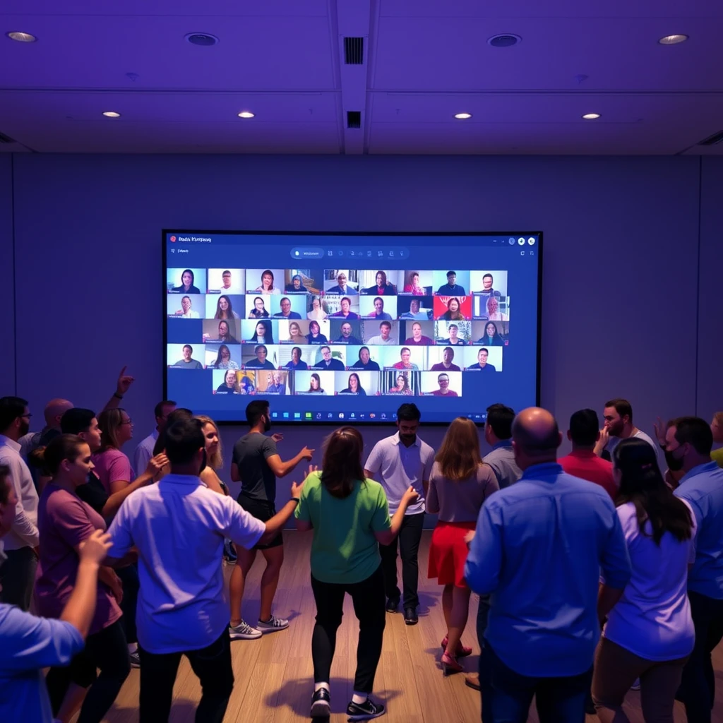 Lots of people dancing in front of a large screen that takes up the whole wall. The screen shows a Microsoft Teams meeting with many people. The title on the screen says "Atos Friday Team". - Image