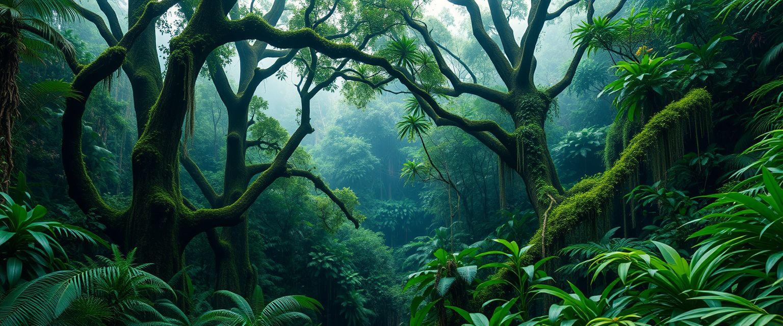 Lush, tropical rainforest, dense foliage, high quality, photorealistic, vibrant, breathtaking, misty, emerald green, ancient trees, hidden trails, tree frogs, vibrant orchids, hanging vines, moss-covered rocks, canopies, wildlife sanctuaries