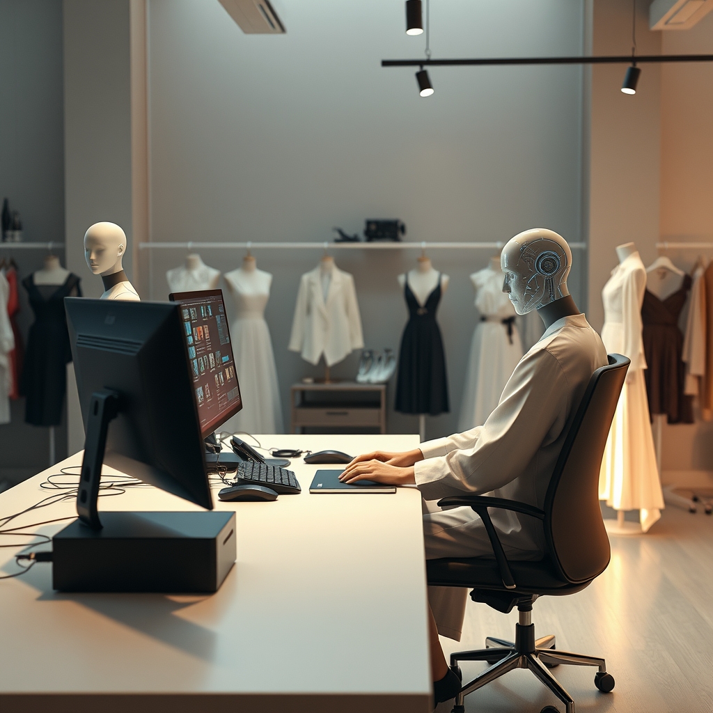 Fashion designer at desk with AI interface, ghostly junior designers working around, modern atelier, soft lighting, photorealistic style --ar 16:9