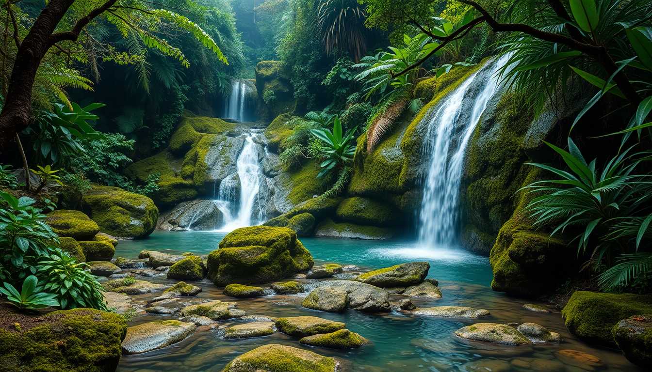 rfall, cascading, clear water, lush greenery, high quality, photorealistic, hidden oasis, serene, rainforest, breathtaking, secluded::0.8 moss-covered rocks, tropical plants, natural pools, jungle trails, mist,