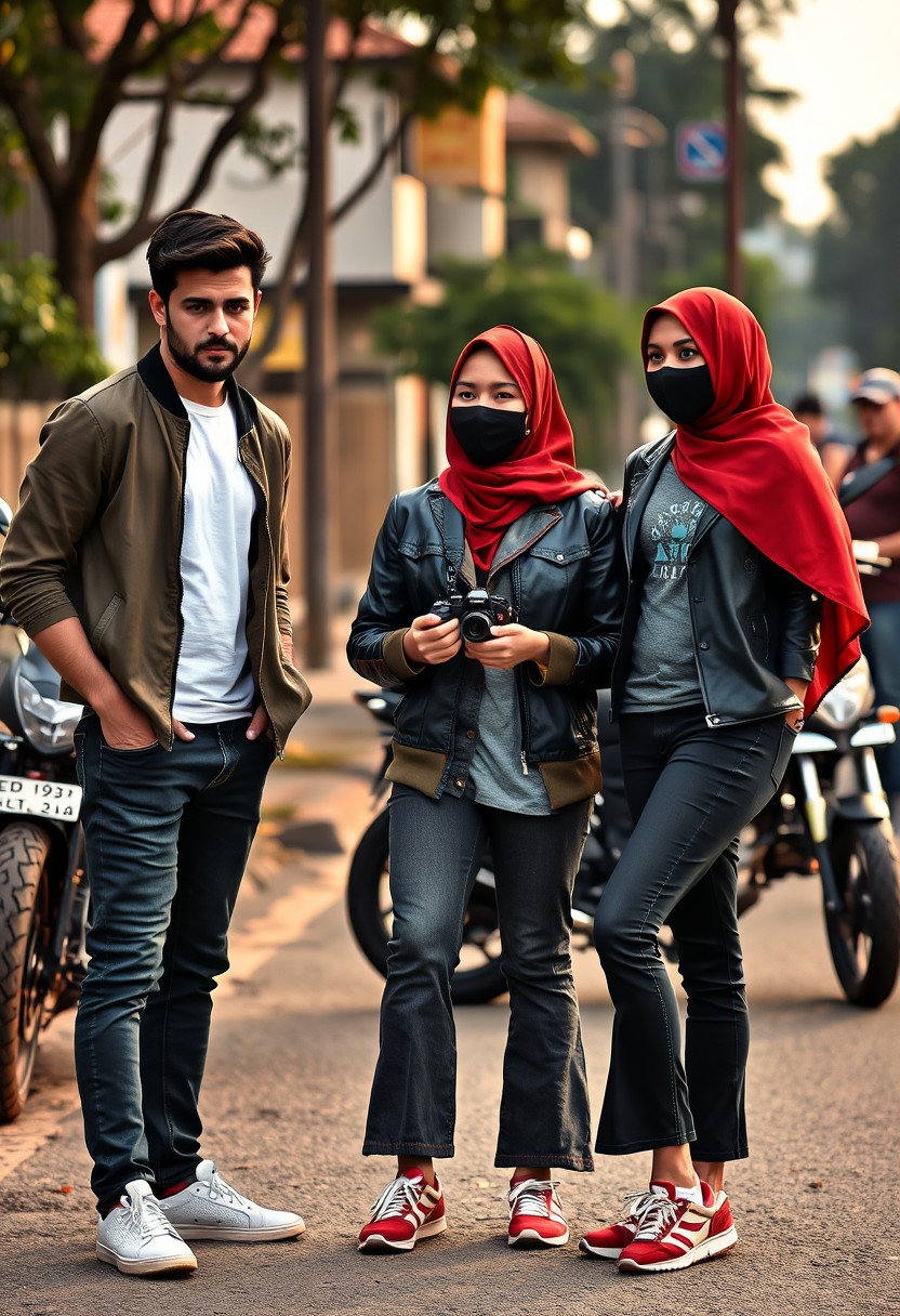 Jamie Dornan and Freddie Prinze, head and body shot, handsome, young, serious face, dark brown-haired, white T-shirt, collage jacket, skinny jeans, sneakers, standing, discussing with two guys and a short, slim Muslim girl wearing a red hijab, beautiful eyes, black face mask, black leather jacket, gray long T-shirt, bell-bottom jeans, red sneakers, holding a Canon DSLR camera, near a town road, superbike, hyper-realistic, street photography, full body photo, three other random strangers in the background. - Image