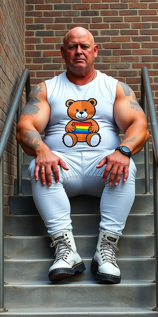 A towering, muscular 60-year-old skinhead sits confidently on concrete stairs, his gleaming bald head contrasting with his light skin. Clad in a striking white graphic t-shirt with a logo of a teddy bear holding a gay flag, tattooed arms flex beneath the sleeveless fabric. Tight bleached denim trousers highlight his powerful legs, complemented by knee-high Dr. Martens boots with white laces. The rugged brick wall and metal handrails create an industrial backdrop, enhancing the imposing presence of this behemoth. - Image