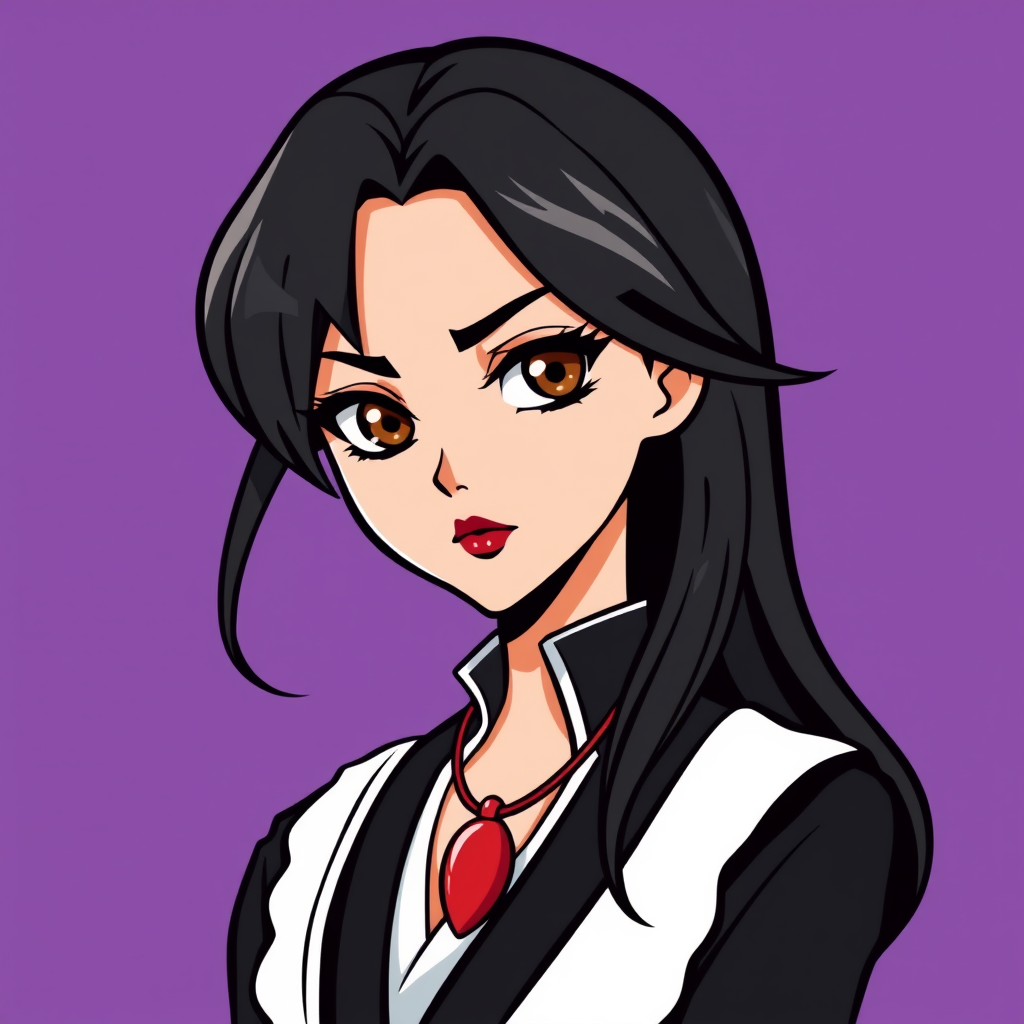 A basic simple vector logo of a beautiful female character with hazel brown eyes, long, dark black hair, wearing a black and white outfit with a red pendant necklace, and a serious face with red lipstick, on a purple background. - Image