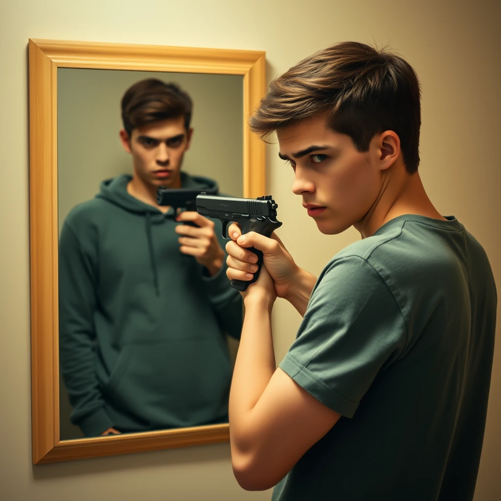 A young man is holding a handgun and looking in a full-length mirror; he fired the gun. - Image