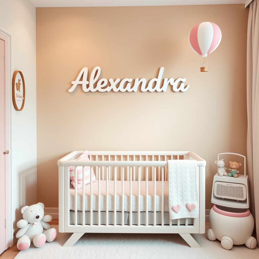 A nursery for my baby girl named Alexandra with the name on the wall in a decorative item, color beige and white and light pink, with small toys, with teddy bear and air balloon theme, futuristic modern and big. - Image