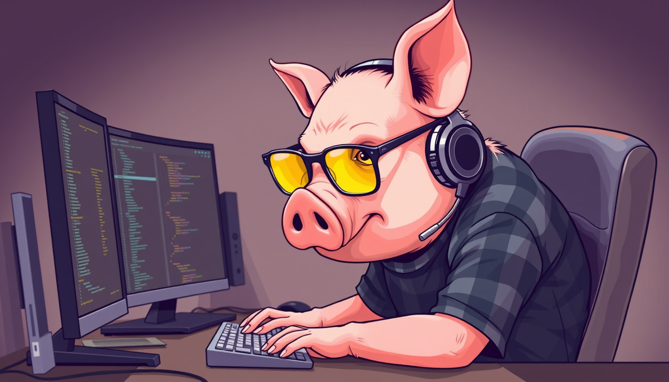 A tech-savvy porcine coder, donning yellow-tinted glasses and sleek noise-cancelling headphones, hunches over a cutting-edge multi-monitor setup. The anthropomorphic pig exudes focus, typing furiously while wearing a plaid T-shirt.