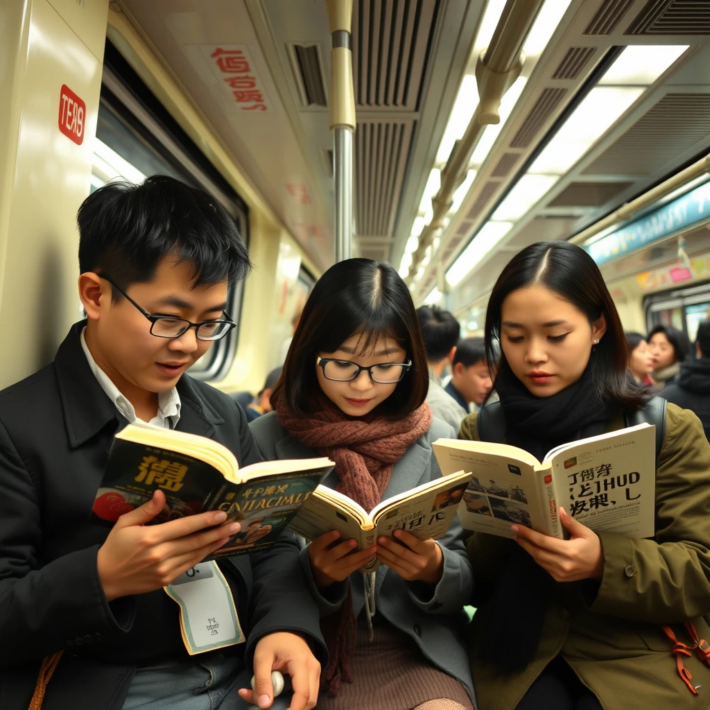 Three Chinese people are reading books on the subway, and there are many people in the subway.