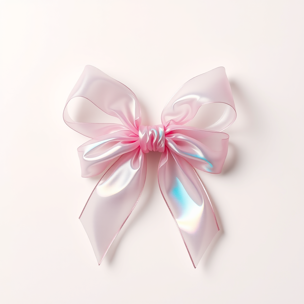 Volumetric Illusion, a transparent ribbon in the form of an artfully tied bow resembling a female, with a soft-toned background, high fashion, high quality, subtle philosophical overtones, unique textures of transparent holographic fabric, professional lighting, radiance of transparent materials, highly dynamic color range.