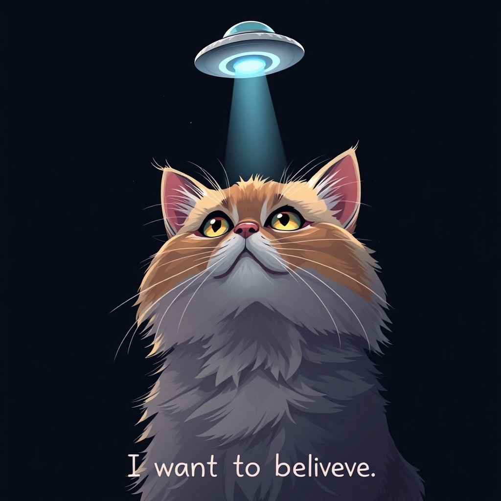 Digital illustration of a fluffy cat looking up, dark night sky background, UFO at the top with a beam coming down to the cat, text at the bottom that says "I want to believe". - Image