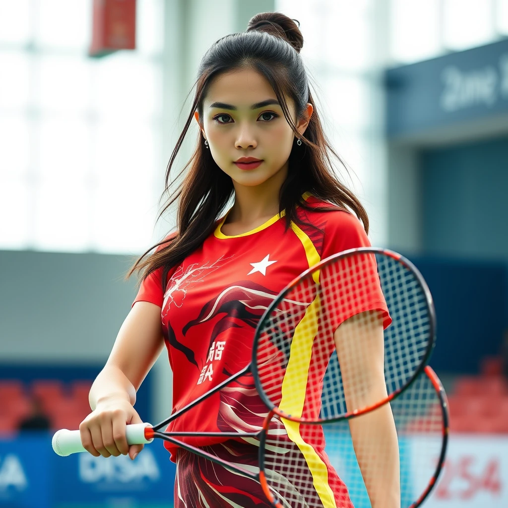 Craft an image of a stunning Chinese female badminton athlete, exuding grace and strength. Her features are striking, with sharp facial contours and captivating eyes. Dressed in her national team's vibrant colors, she stands tall on the court, racket in hand, ready to dominate with both her skills and her beauty.