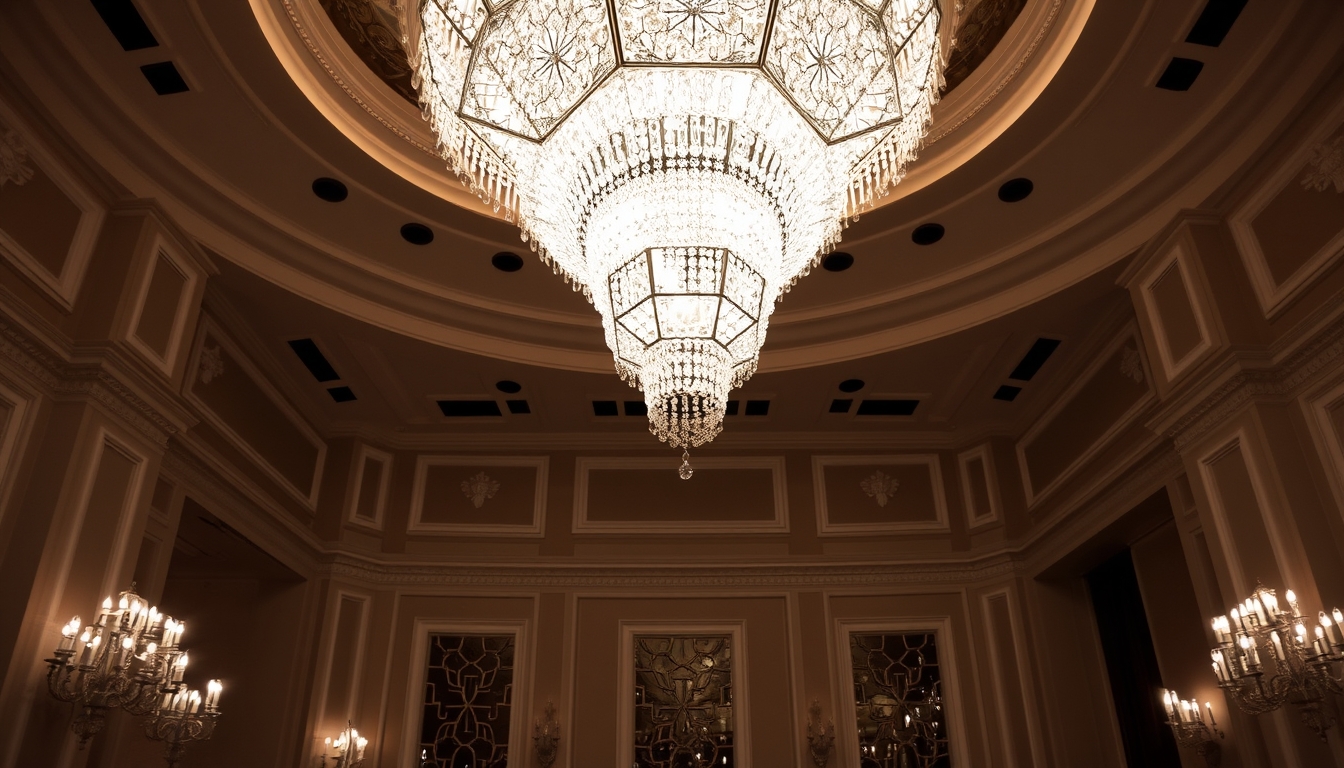 A stunning chandelier made of thousands of tiny glass crystals in a grand ballroom.