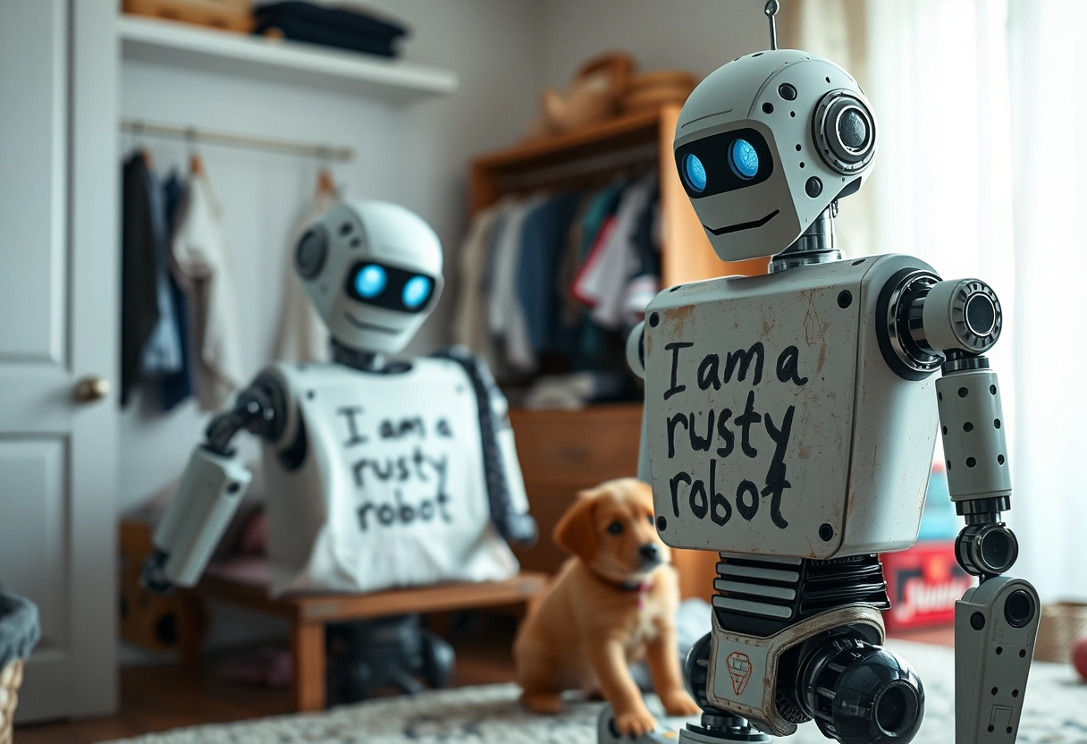 In the distance, there is a robot with a child's scribble on its chest that says, "I am a rusty robot." The robot is folding clothes in the bedroom, and a child is playing with a puppy nearby. - Image