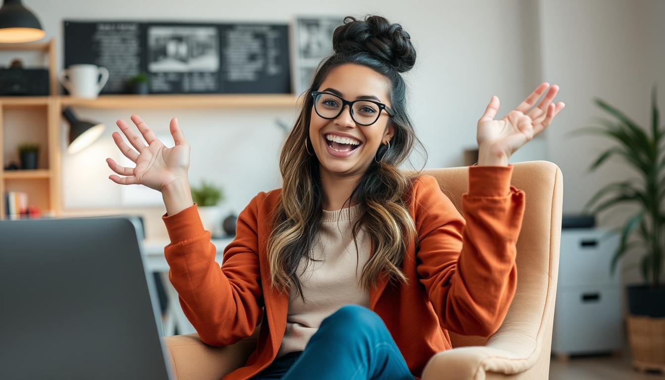 Photo of a lovely, excited, happy woman software developer sitting in an armchair in a comfortable workspace indoors. - Image