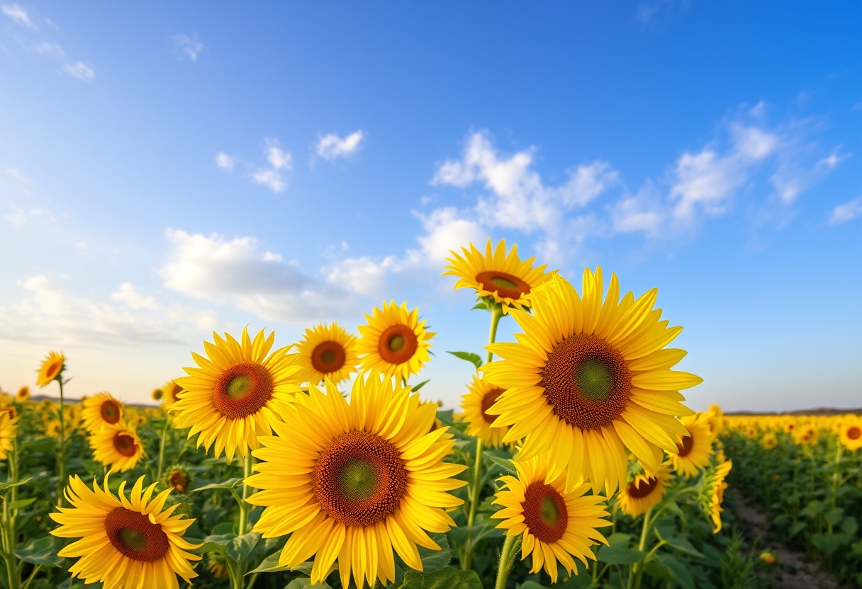 Vibrant, sunflower fields, golden blooms, high quality, photorealistic, summer, cheerful, idyllic, rural, panoramic, breathtaking, blue skies, windblown fields, sunset, floral arrangements.